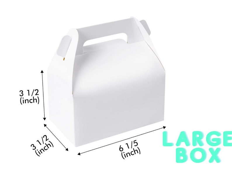 May include: A white, rectangular box with a handle, labeled "LARGE BOX." The box measures 6 1/5 inches long, 3 1/2 inches wide, and 3 1/2 inches high. It is designed for carrying items.