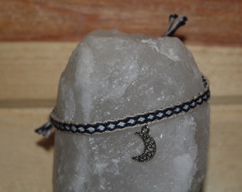 Tan, Navy Blue, and White Embroidery Bracelet with Crescent Moon Charm