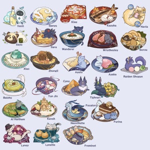 May include: A colorful illustration of 24 Genshin Impact characters, each depicted with a unique dish and a small animal companion. The characters are arranged in a grid pattern on a light blue background.