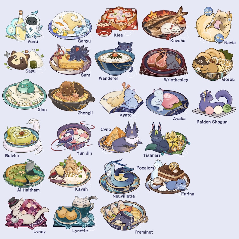 May include: A colorful illustration of 24 Genshin Impact characters, each depicted with a unique dish and a small animal companion. The characters are arranged in a grid pattern on a light blue background.