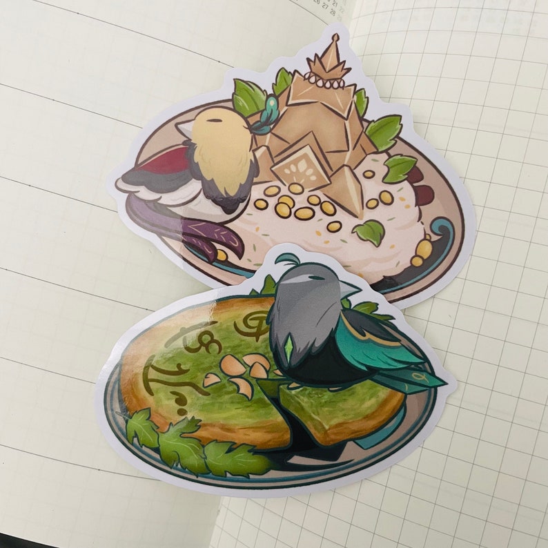 May include: Two stickers featuring a bird perched on a plate of food. The first sticker shows a bird with red, white, and yellow feathers perched on a plate of white rice with a golden crown on top. The second sticker shows a black and teal bird perched on a plate of green and brown food.