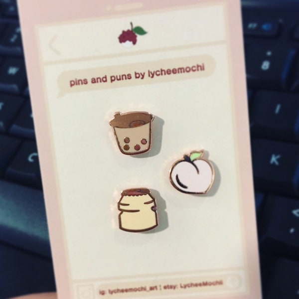 Tiny Eats - Peach Pin, Boba Pin, Yogurt Pin, Hard Enamel Pin, Board Filler, Food Pin, Cute Pins, Pink Pins, Pastel Pin