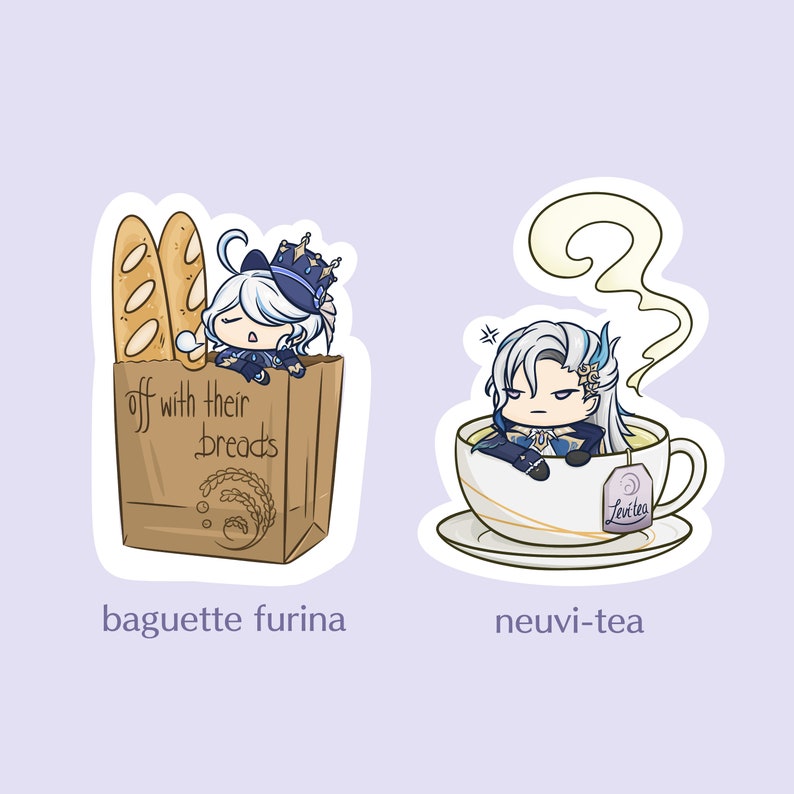 May include: Two cartoon stickers featuring a character with white hair and blue eyes. The first sticker shows the character in a brown paper bag with two baguettes, the text "off with their breads". The second sticker shows the character in a teacup with a tea bag that says "tea time".