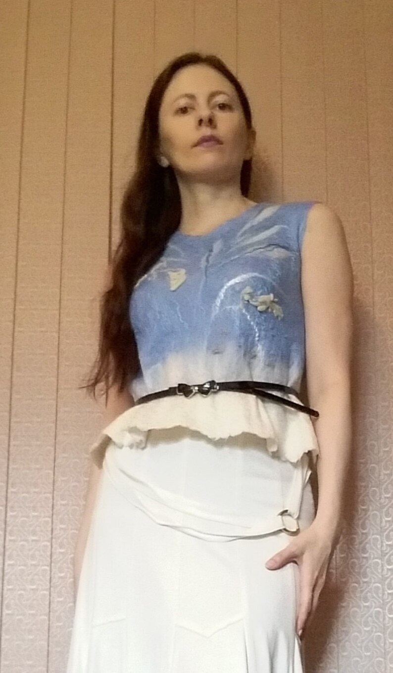 Felted blue top White felt top Summer blouse Handmade wool top Cotton top Viscose top Women clothes