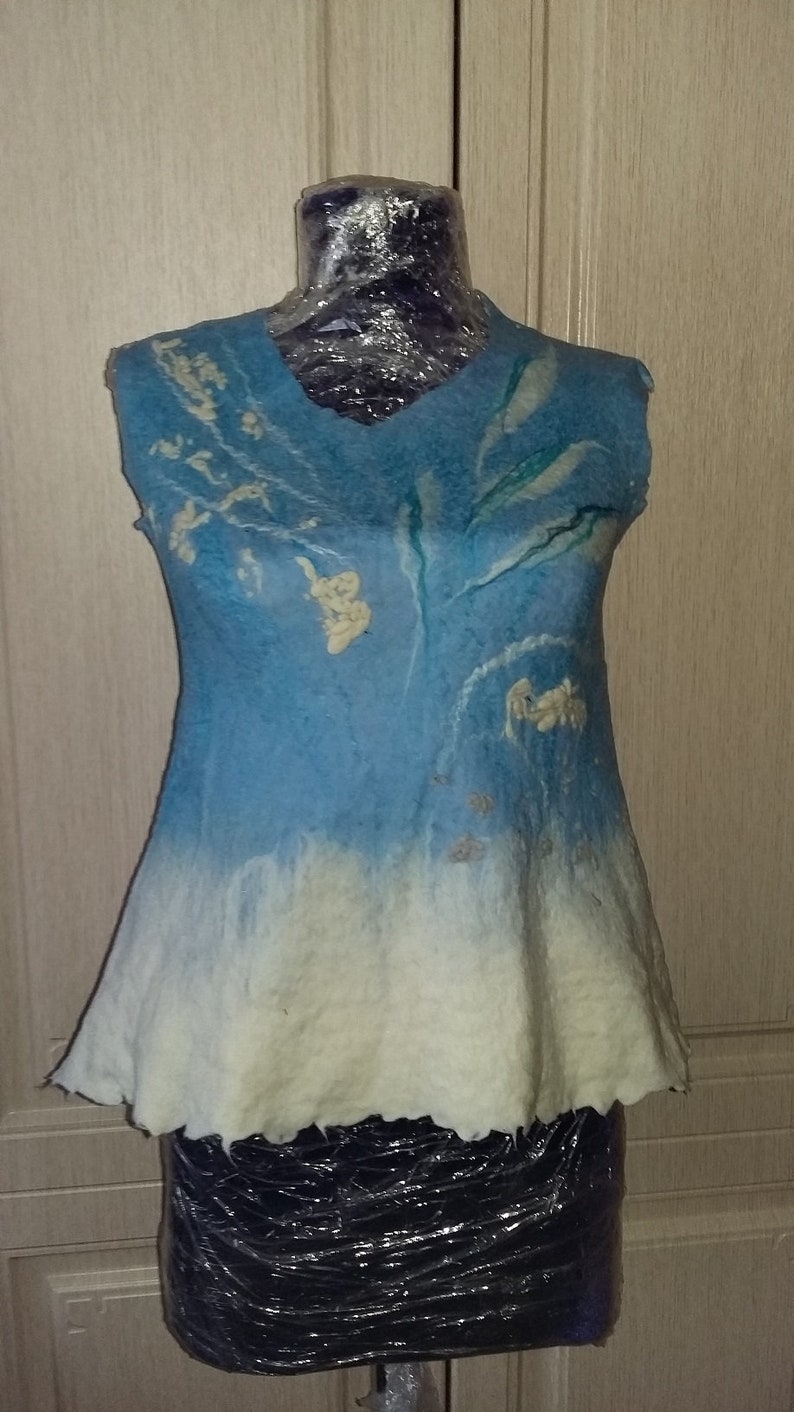 Felted blue top White felt top Summer blouse Handmade wool top Cotton top Viscose top Women clothes