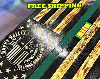 Thin Green Line Flag - Military Flag - Rustic Flag - Veteran Made - CNC Engraved Wood Flag - Patriotic - Handmade - Sign - Engraved Stars