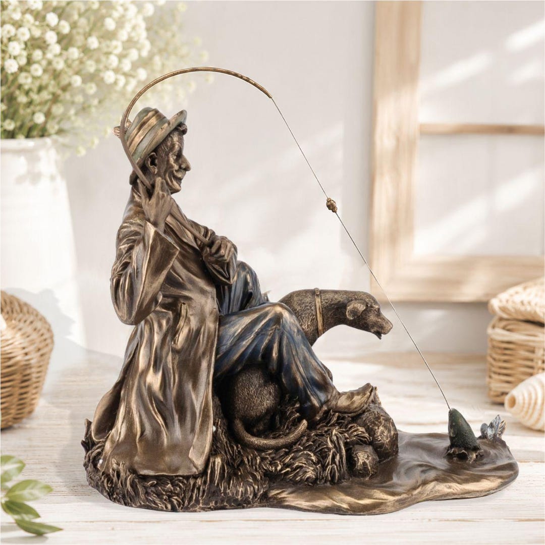 Vintage Fisherman Statue Rustic Fishing Decor Bronze Angler Sculpture ...