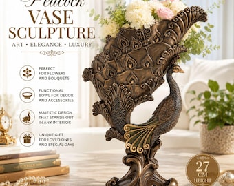 Luxury Peacock Vase Bowl Sculpture, Peacock Flower Vase Centerpiece, Elegant Bronze Decor, Glam Living Room Accent Gift