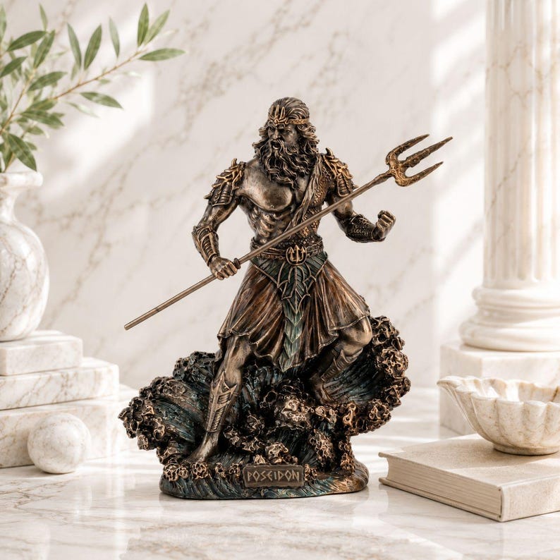 May include: Bronze-toned statue of Poseidon, the Greek god of the sea, holding a trident. The statue features intricate details, including armor and a flowing beard. It stands on a base with the word "POSEIDON" and is surrounded by a wave design.