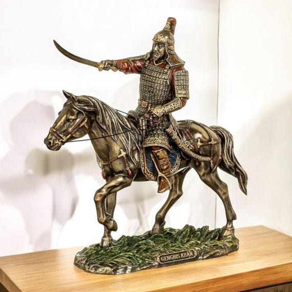 Genghis Khan Statue, Bronze Plated Polystone, Horseback Figurine