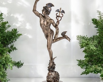 Bronze Plated Hermes Statue, Greek God Decor, Polystone Figurine