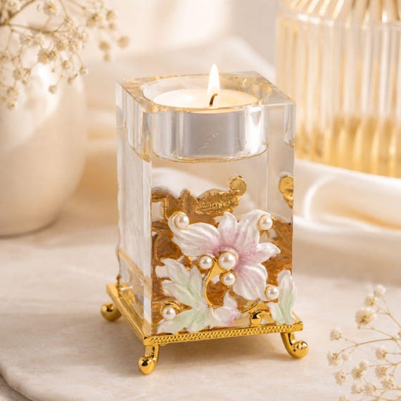 Glass Candle Holder Floral Tea Light Holder Crystal Style Candlestick Romantic Wedding Decor Elegant Gift for Her Home Decor Luxury Accent
