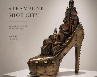 Steampunk High Heel City Sculpture, Fantasy Industrial Decor, Unique Statement Piece, Gothic Steampunk Art, Unusual Gift Idea