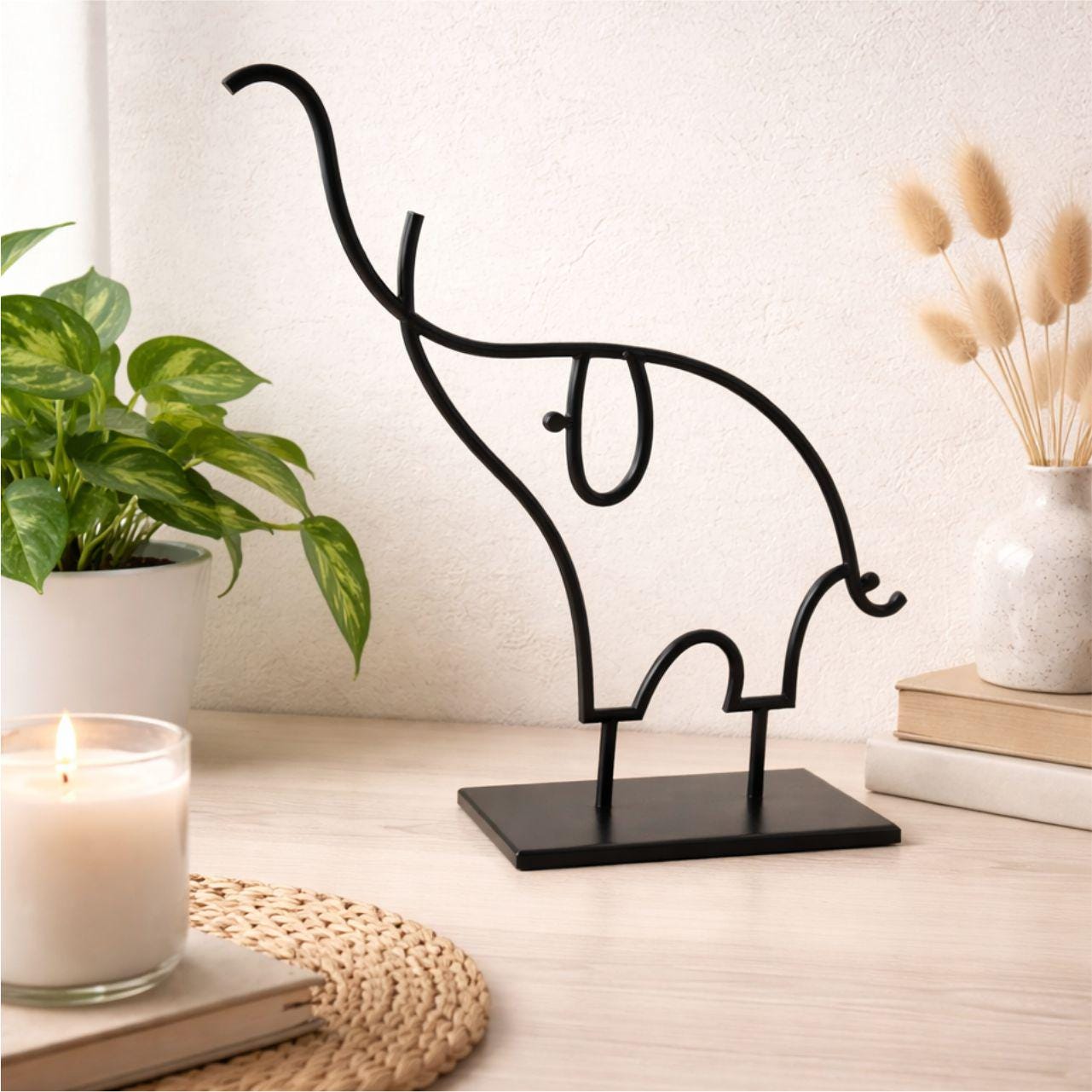 Minimalist Wire Elephant Sculpture - Handmade Black Iron Decor