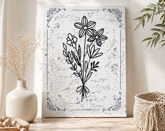 Rustykalna sztuka ścienna z dzikimi kwiatami, wystrój Cottagecore, grafika liniowa z motywami botanicznymi, dekoracja ścienna w stylu rustykalnym, sztuka z motywami kwiatowymi w stylu vintage, minimalistyczna sztuka ścienna z kwiatami