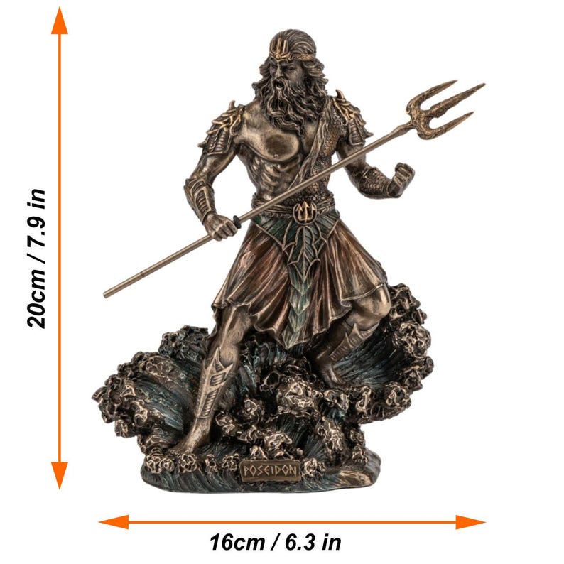 May include: Bronze-colored statue of Poseidon, the Greek god of the sea, holding a trident. The statue is 7.9 inches tall and 6.3 inches wide, with intricate details of waves at the base. The word "POSEIDON" is inscribed on the base.