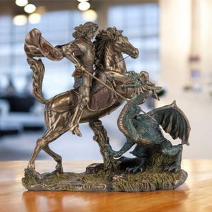 Saint George Slaying Dragon Statue, Warrior Patron Decor, Religious Home Sculpture, Protector Gift, Christian Symbol of Victory, home decor