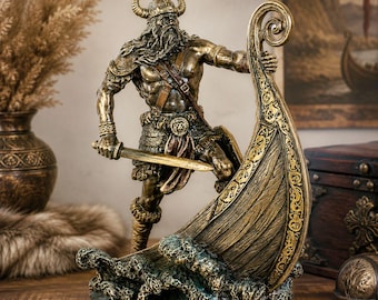 Viking Warrior Statue Nordic Norse Decor Bronze Viking Figurine Scandinavian Mythology Gift for Him Viking Boat Sculpture