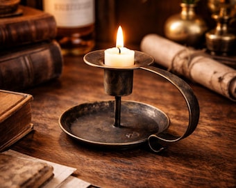 Vintage Style Candle Holder, Rustic Metal Chamberstick, Antique Look Candlestick, Cozy Home Decor, Unique Gift Idea
