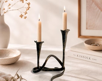 Hand Forged Iron Candle Holder Pair Rustic Blacksmith Candlestick Handmade Metal Decor Gothic Home Accent Artisan Gift Sculpture Wrought Art