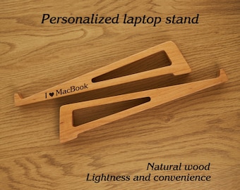 Personalized Oak Laptop Stand, Ergonomic Wooden Laptop Riser
