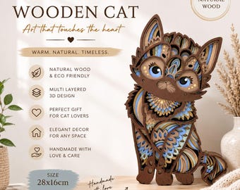 Arte de pared de gato en madera en capas, decoración de gato en madera natural, regalo hecho a mano para amantes de las mascotas, escultura moderna minimalista para la decoración del hogar con animales.