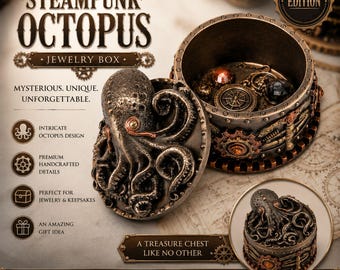 Caja de joyería Steampunk con forma de pulpo, cofre del tesoro náutico, decoración gótica con forma de kraken, regalo único para guardar recuerdos, caja de almacenamiento de fantasía.