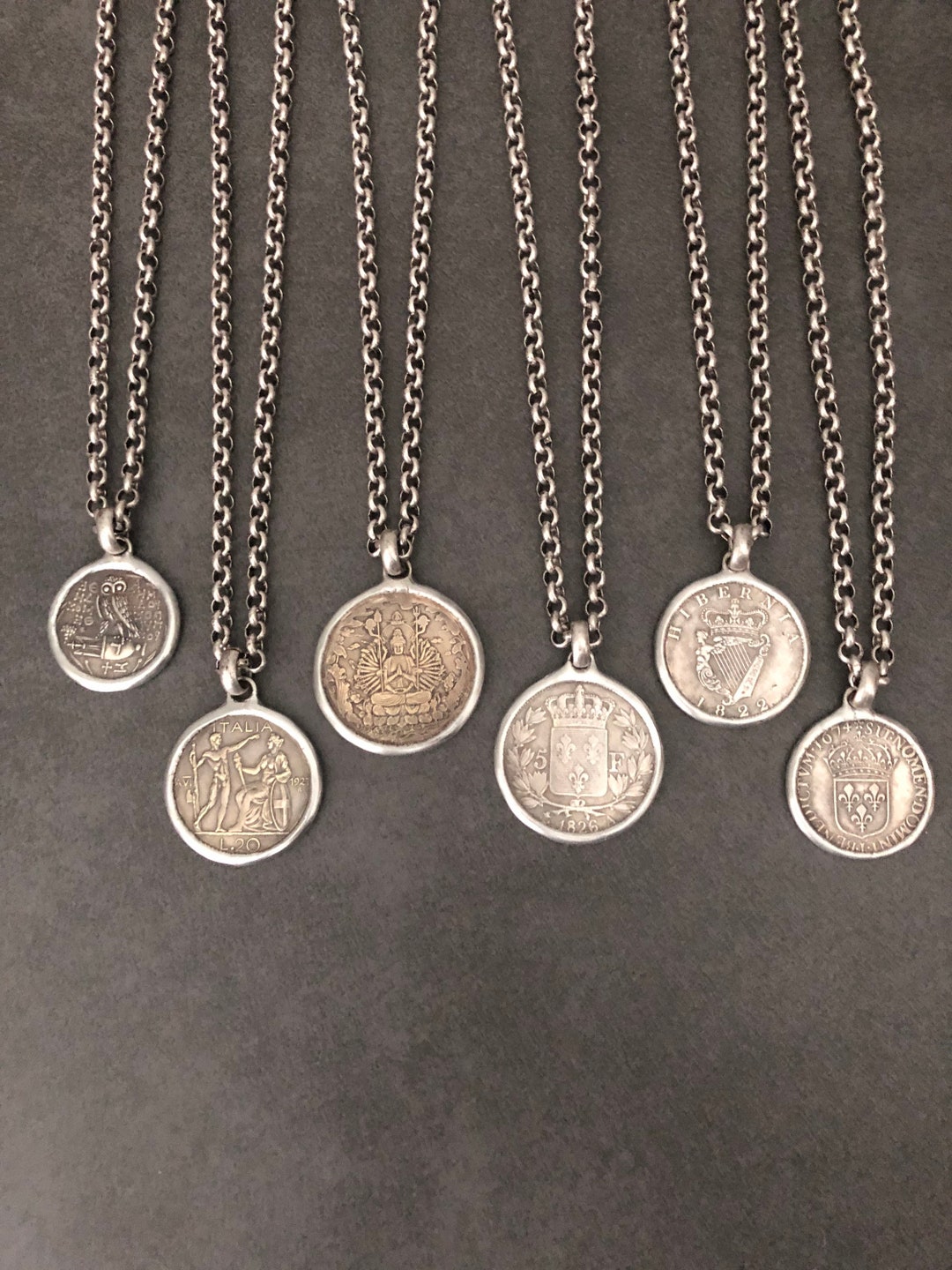 Handmade Silver Plate Replica Coin Necklace, European Rolo Chain