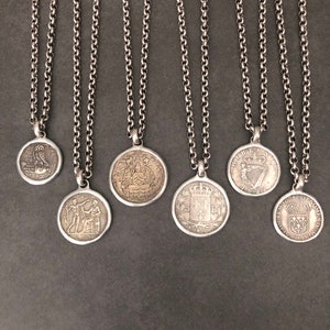 Old Coin Necklace, Silver European Coin Pendant Jewelry, Rolo Chain, Antique Silver Plate, Handmade, Replica