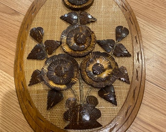 Vintage Hand Carved Wood and Woven Raffia Floral Wall Plaque - Made Philippines