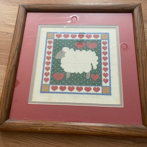 Vtg Country barnyard cross stitch sheep finished and Framed