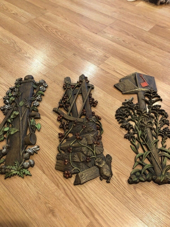 3D Floral Garden Water Spout Brown Green Lot of 3 Wall Hanging Art Decor Plaques