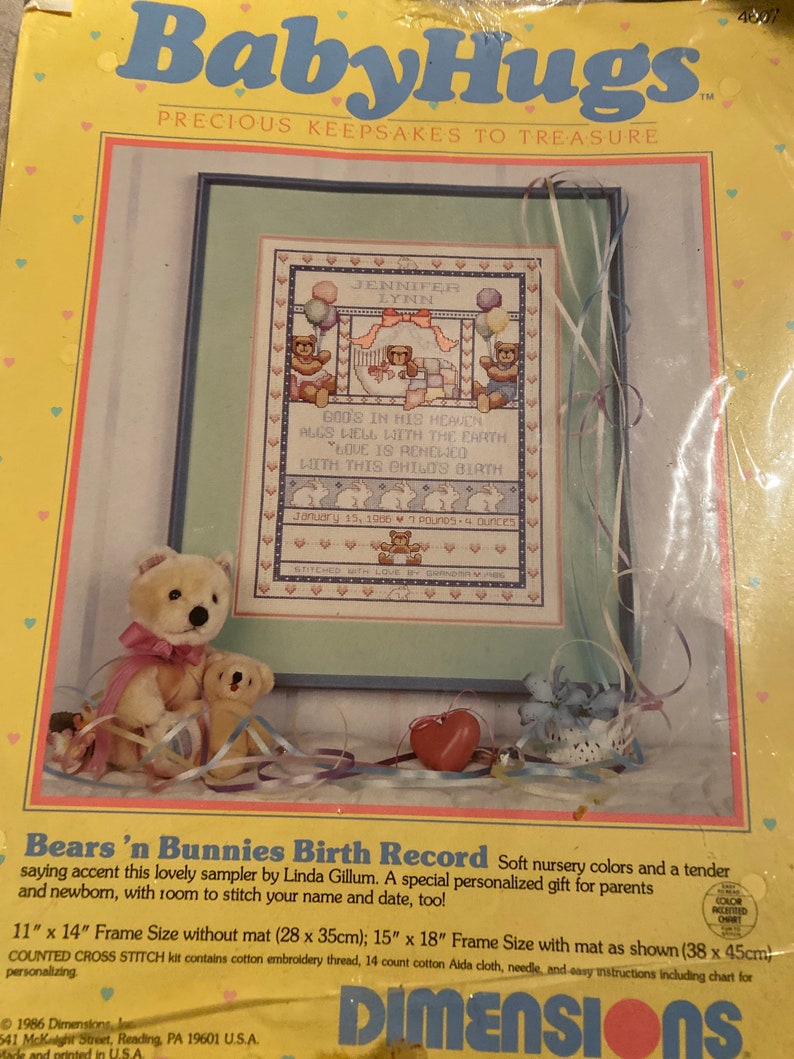 VTG NIP Dimensions Baby Hugs Bear \u2018n Bunnies Birth Record 11\u201dx14\u201d Cross Stitch