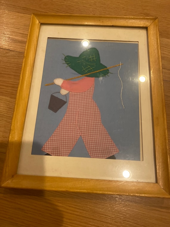 boy with fishing pole overalls and straw hat pattern Vintage Boy Wearing Straw Hat Going Fishing Patchwork Piece Framed -  Beautifully Done