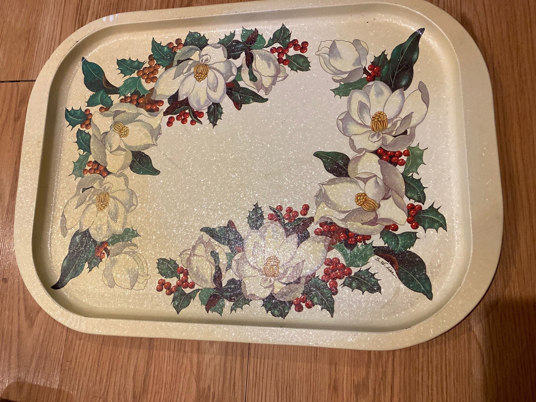 Magnolia Serving Tray, Vintage Potpourri Green Holly Leaves Red Berries