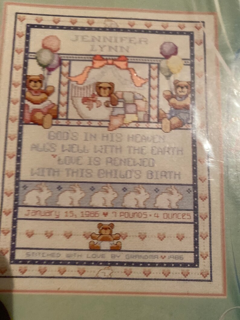VTG NIP Dimensions Baby Hugs Bear \u2018n Bunnies Birth Record 11\u201dx14\u201d Cross Stitch