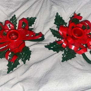Vintage Christmas Department 56 Shiny Metal Holly Ribbon Candle Holder Red green