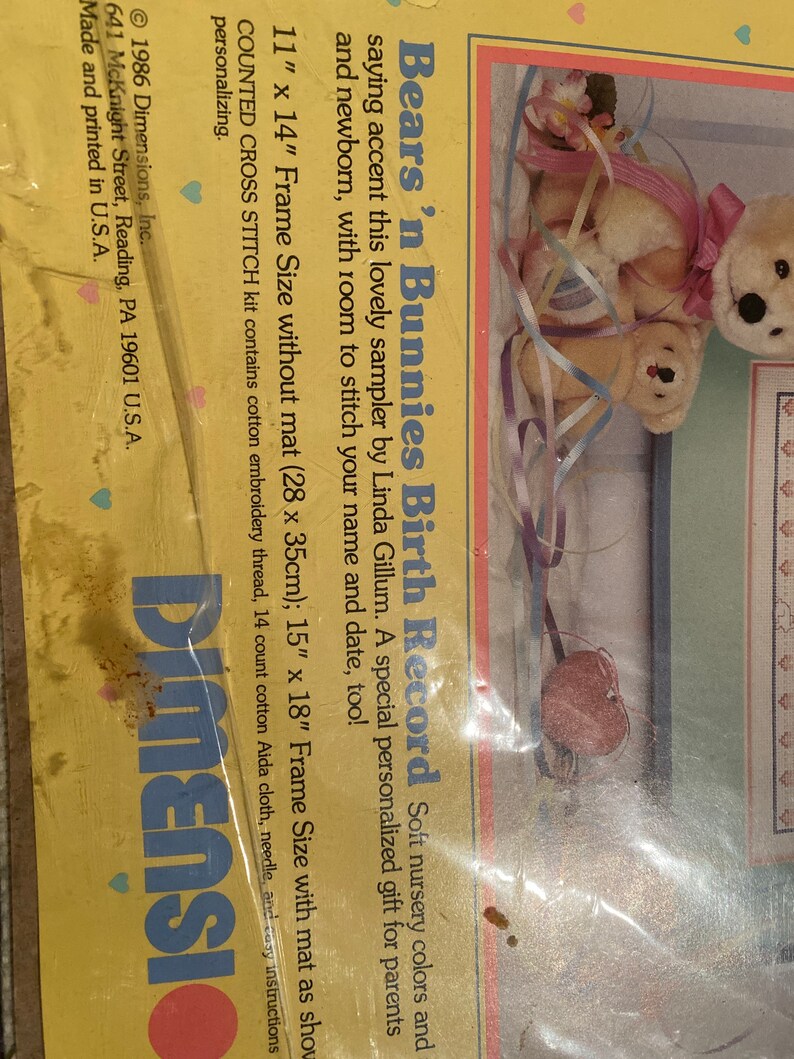 VTG NIP Dimensions Baby Hugs Bear \u2018n Bunnies Birth Record 11\u201dx14\u201d Cross Stitch