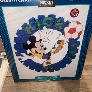 New Counted Cross Stitch Kit - Mickey Unlimited  Kick it 14 Ct - Soccer Theme Made in the USA