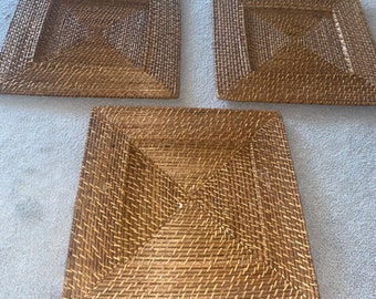 Set of 3 Wicker Rattan 14” Square Charger Plates Woven Rich Dark Brown