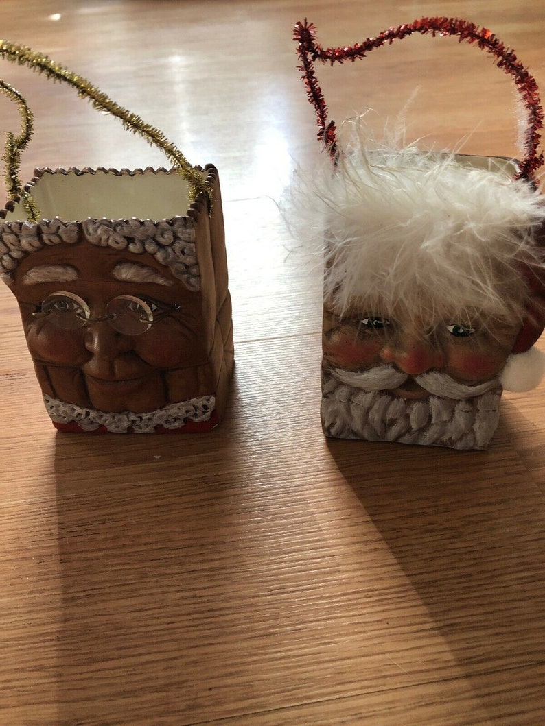 Vintage Ceramic Santa Clause And Mrs Clause Bag Container