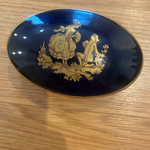 Rare Vintage Limoges oval porcelain trinket box - cobalt blue and gold