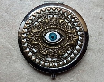 Protection, Blue evil eye , Compact mirror, Pocket mirror, Hand Mirror, Makeup mirror, Bag accessories, Double Sided, Victorian Gothic