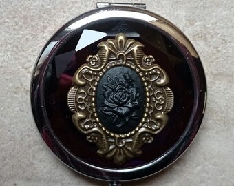 Compact mirror, Victorian black rose cameo, Hand Mirror, Makeup mirror, Bag accessories, Double Sided , Victorian Gothic accessory