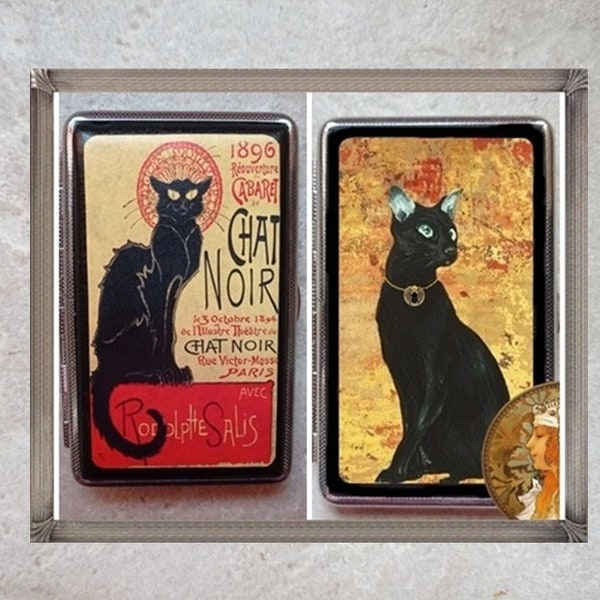 Black Cat, Slim Cigarette Case for 100's,Vintage  poster ,Cat, Puss  Metal Wallet, Business Card Holder, Credit Card Case, Unisex ID