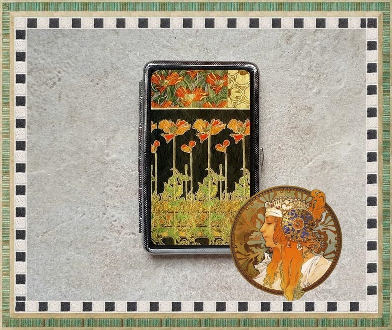 Slim Cigarette Case for 100's, Alphonse Mucha,Art Nouveau, Metal Cigarette Box, Business Card Holder, Credit Card Case,  Metal wallet 