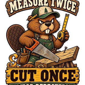 May include: A graphic illustration of a brown beaver wearing green overalls and a cap, holding a hand saw and a yellow tape measure. The text reads MEASURE TWICE, CUT ONCE, SWEAR REPEATEDLY. Tools like a hammer, pencil, and square are visible.
