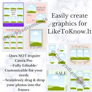 May include: A digital collage of nine different frames with a green, blue, and white landscape design. The frames are arranged in a grid pattern and are labeled with numbers 1 through 9. The text "Easily create graphics for LikeToKnow.It" is written in white text on a pink background. The text "--Does NOT require Canva Pro --Fully Editable/ Customizable for your needs --Seamlessly drag & drop your photos into the frames" is written in black text on a white background.
