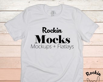 Download Free White 3001 Unisex White Mockup | White T-Shirt Mockup | Bella and Canvas Mockup and Flatlays | Wood Background PSD Template