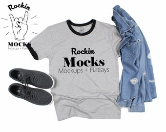 Next Level Ringer Tee 3604 Mockup Grey And Black Ringer Shirt Mockup Heather Gray Ringer Shirt Tshirt Flatlay Best Free Packaging Mockups Template